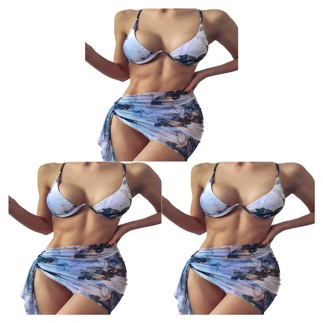 Wosthever Traje de baño de tres piezas para mujer, traje de baño dividido teñido estampado, traje de baño sin mangas para vacaciones en la Azul L 3piezas