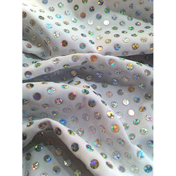 4mm Shiny Holographic Flat Circle Trans on Bright Colorful Stretch Polyester Spandex Fabric by The Yard (White/Silver)
