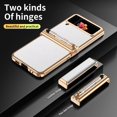 thumbnail image 2 of MonsDirect for 6.7 inch Samsung Galaxy Z Flip 3 5G 2021 Case with A Capacitance Pen, Two Hinge Protection Plating PC Frame Leather Grain Shockproof with S Pen Holder for Galaxy Z Flip 3, Gold White, 2 of 7