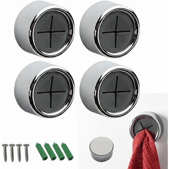 Gadgetime USA Self-Adhesive Towel Holder (Pack of 4) - Chrome Push & Pull Towel Hooks, Wall-Mounted Silicone Dish Cloth Gripper for Kitchen, Bathroom, and Home - No-Drill Installation