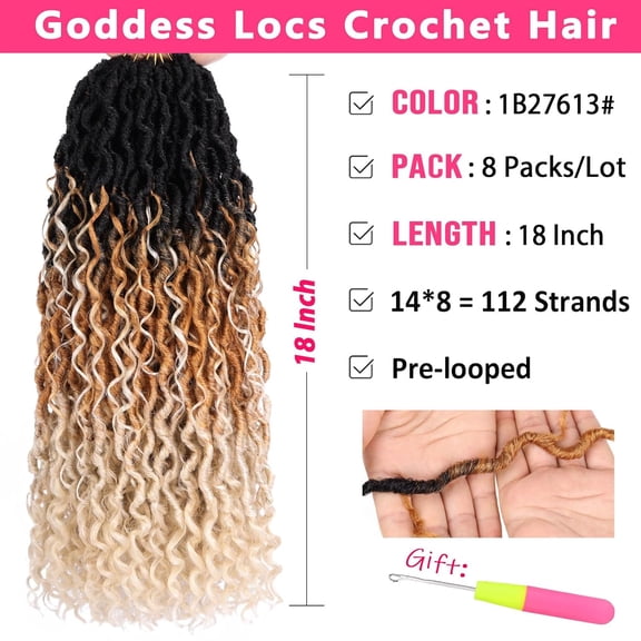 WEIF-18 Inch Goddess Locs Crochet Hair 8 Packs Ombre Blonde Curly Faux Locs Crochet Hair Pre-looped River Locs Crochet Hair with Curly Ends Boho Locs Synthetic Hair Extensions(#1B27613)