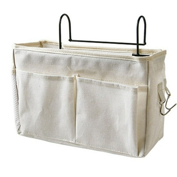 FELTECHELECTR Organizador colgante para mesita de noche, bolsa de almacenamiento multifunción para artículos diversos, bolsa de almacenamiento para libros, para dormitorio, cuna de bebé (blanco)