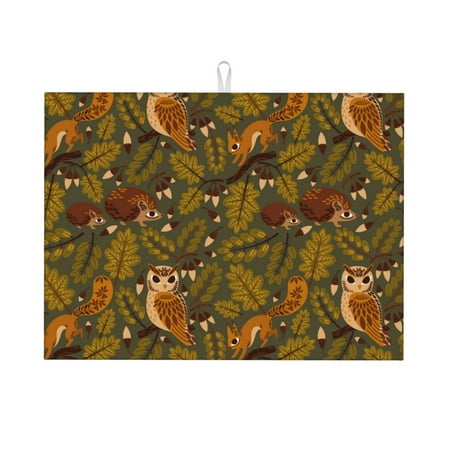

Honeii Autumn Leaves Owl Squirrel Print Kitchen Drying Mat Coffee Bar Mat Hide Stain Coffee Maker Mat for Countertops Coffee Pot Dish Drying Mat