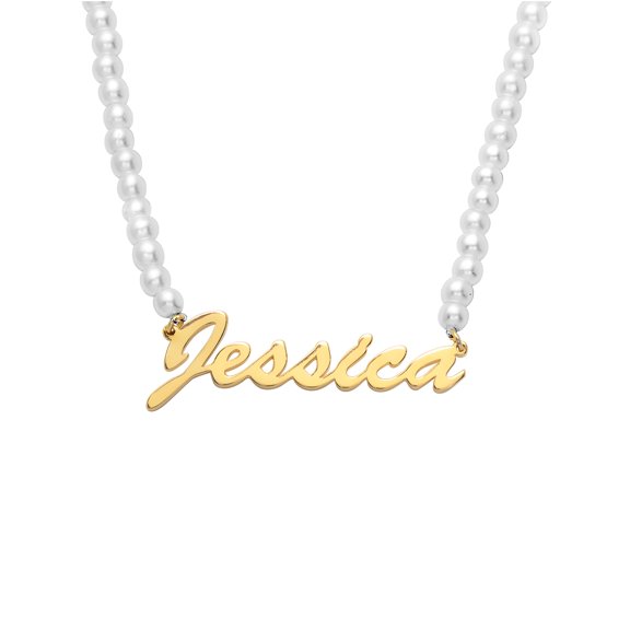 Personalized Planet Hollywood Script Name Glass Pearl Necklace ,Women's