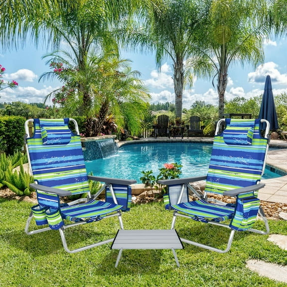 Gymax 3PCS Folding Beach Chair & Table Set Outdoor Adjustable Reclining Chair