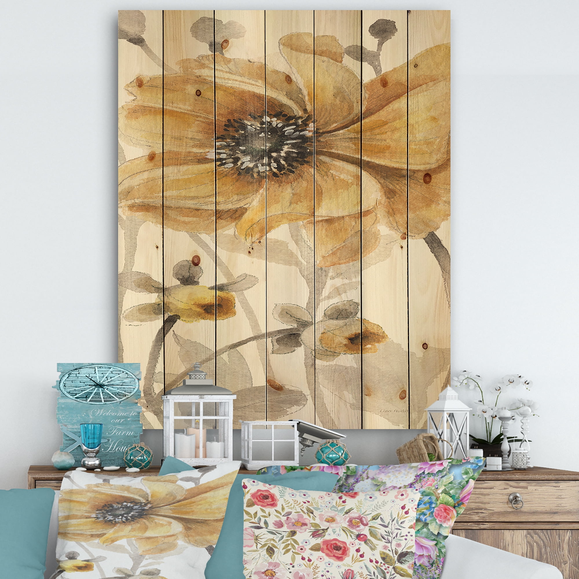 Designart 'Fields of Gold VIII' Farmhouse Print on Natural Pine Wood