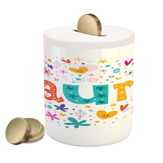 Laura Piggy Bank, Girl Name with Vintage Doodle Style Flowers and Stars Colorful Illustration, Ceramic Coin Bank Money Box for Cash Saving, 3.6" X 3.2", Multicolor, by Ambesonne