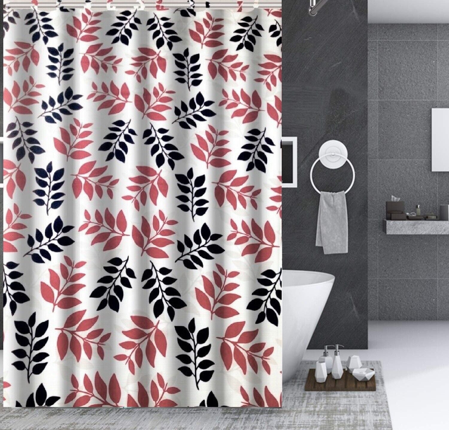 17 Pieces Bathroom Complete Set Shower Curtain with Hooks and Ceramic Accessories Set ( Wesley Burgundy )