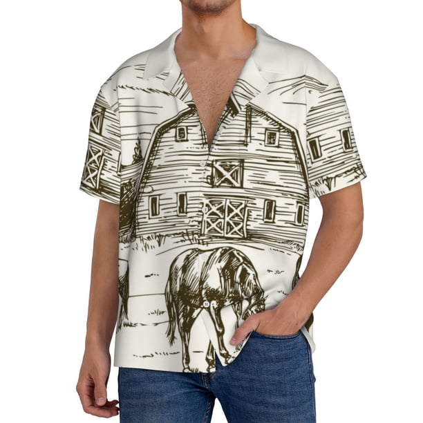 Balery Horses Grazing On Meadow Camisa Casual de Manga Corta con Botones para Hombre, Texturizada, Estilo Cubano, para Playa, Verano-Large