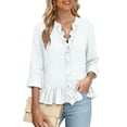 thumbnail image 4 of CLOISE 3/4 Length Sleeve Womens Tops Blouses Dressy Casual Plus Size Ruffle Shirts Solid Color V Neck Pullover Cotton Blend Elegant Fall Clothes White XL, 4 of 6