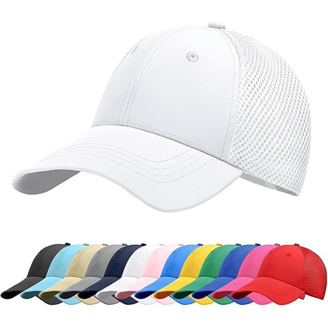 Gorra de béisbol unisex, transpirable, de color sólido, con parte trasera de malla y protección solar contra rayos UV, color blanco