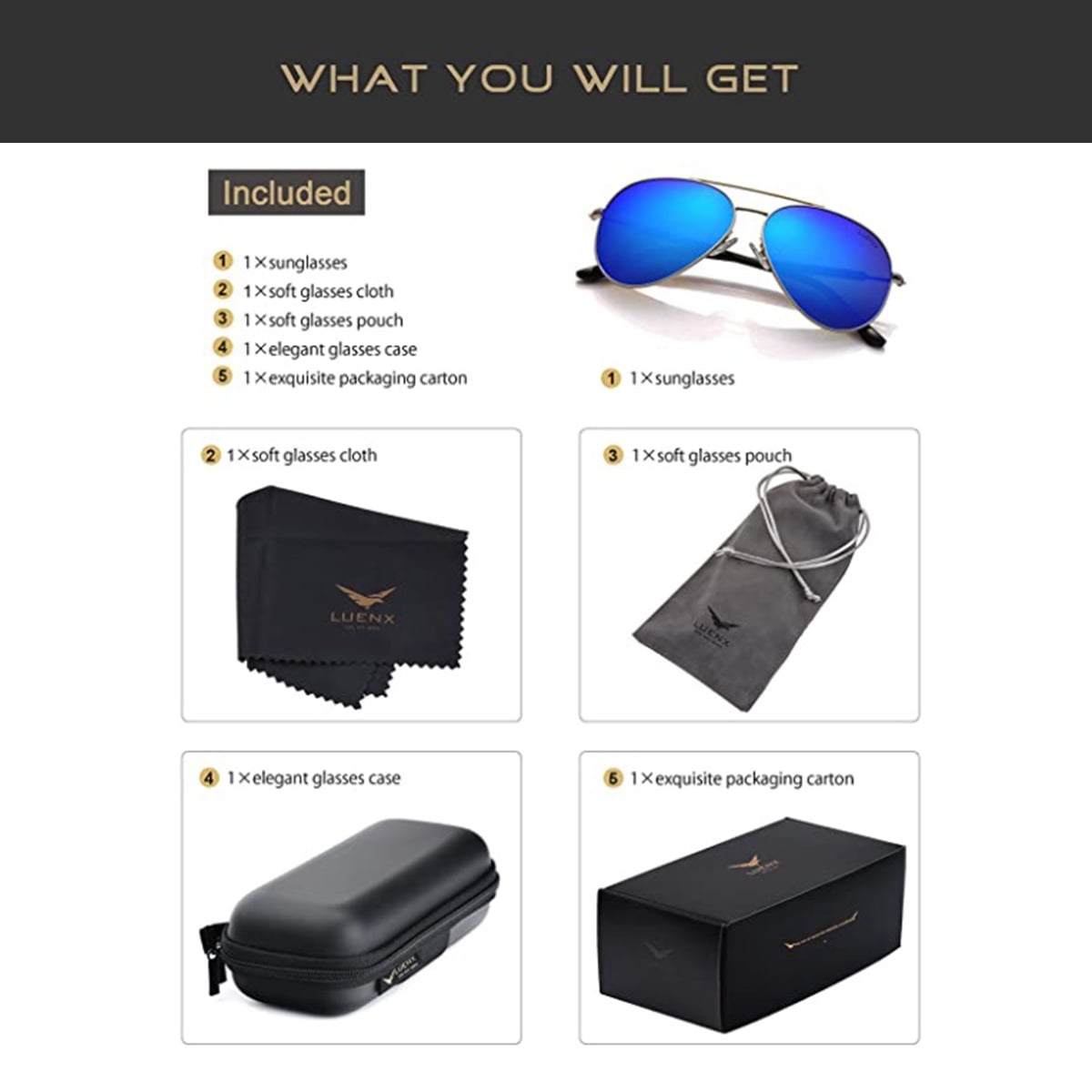 LUENX Unisex Aviator Sunglasses UV 400 Polarized Mirror Lens with Case Light Brown New Walmart