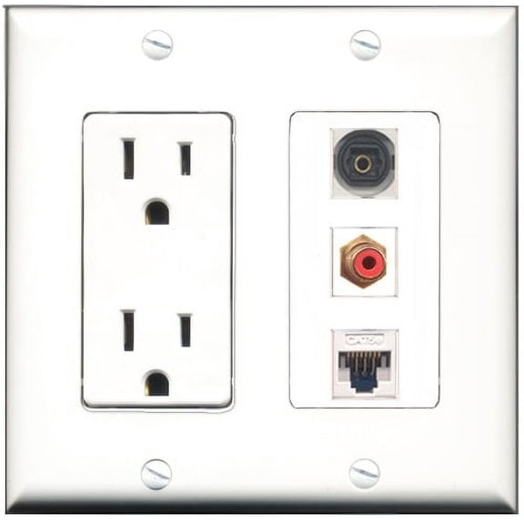 RiteAV - 15 Amp Power Outlet 1 Port RCA Red 1 Port Toslink 1 Port Cat5e Ethernet White Decorative Wall Plate