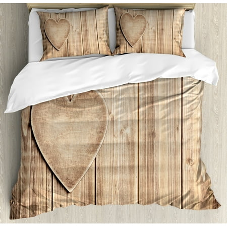 Tan Bedding Set Valentines Day Duvet Cover Set, Rustic Heart over Wooden Planks Background Lovers Corner Romantic Celebration Print, Decorative Bedding Set with Pillow Shams, Tan, by Ambesonne ()