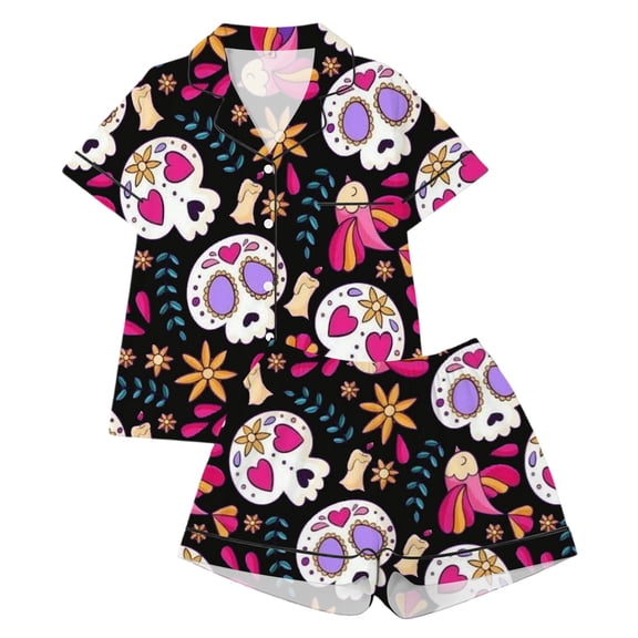SJLDQY Girls Halloween Pajama Sets Skull Graphic Short Sleeve Shirts and Shorts 2 Piece Sets Casual Hallowmas Sleepwear Button Down Pjs Sets