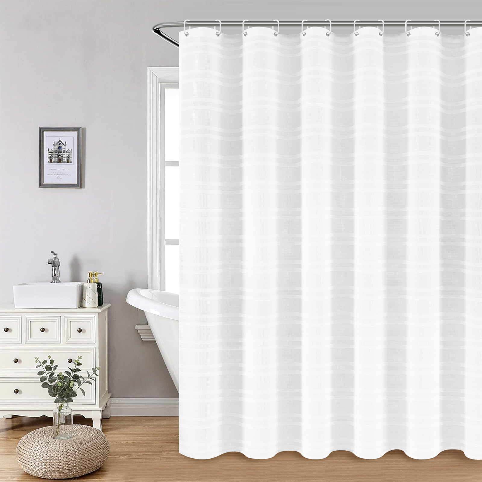 FRAMICS Waffle Weave Shower Curtain Sets with Rug, 14-Piece Striped Bathroom Sets with Hooks, Heavy-Duty Waterproof Fabric, Hotel Grade, White, 71.3" x 71.3"