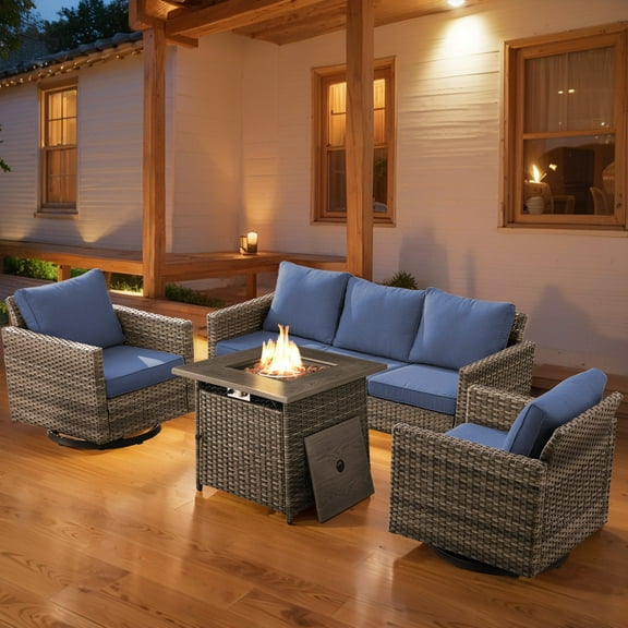 PARKWELL 4 Pieces Outdoor Sofa Furniture Sets with 30" Fire Pit Table and Swivel Glider for Patio Garden Poolside Deck,Gray Wicker and Navy Cushions