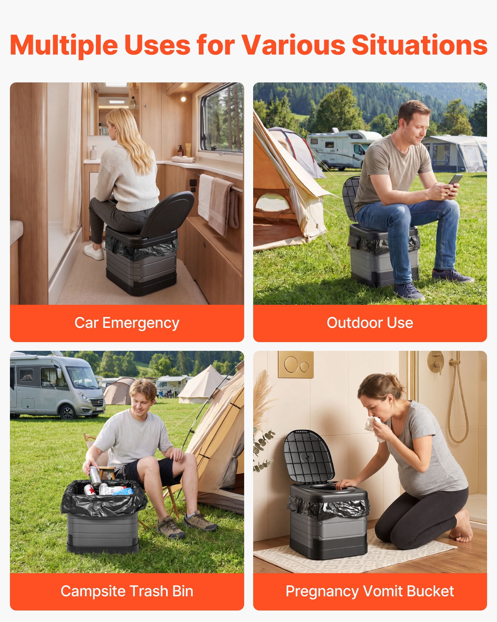 VEVOR Portable Camping Toilet, 330 lbs Load Capacity, Folding Camping Toilet for Adults,Trash Bags, Suitable for Home Use, RV Travel, Camping, Hiking, Boating, Car,Trips