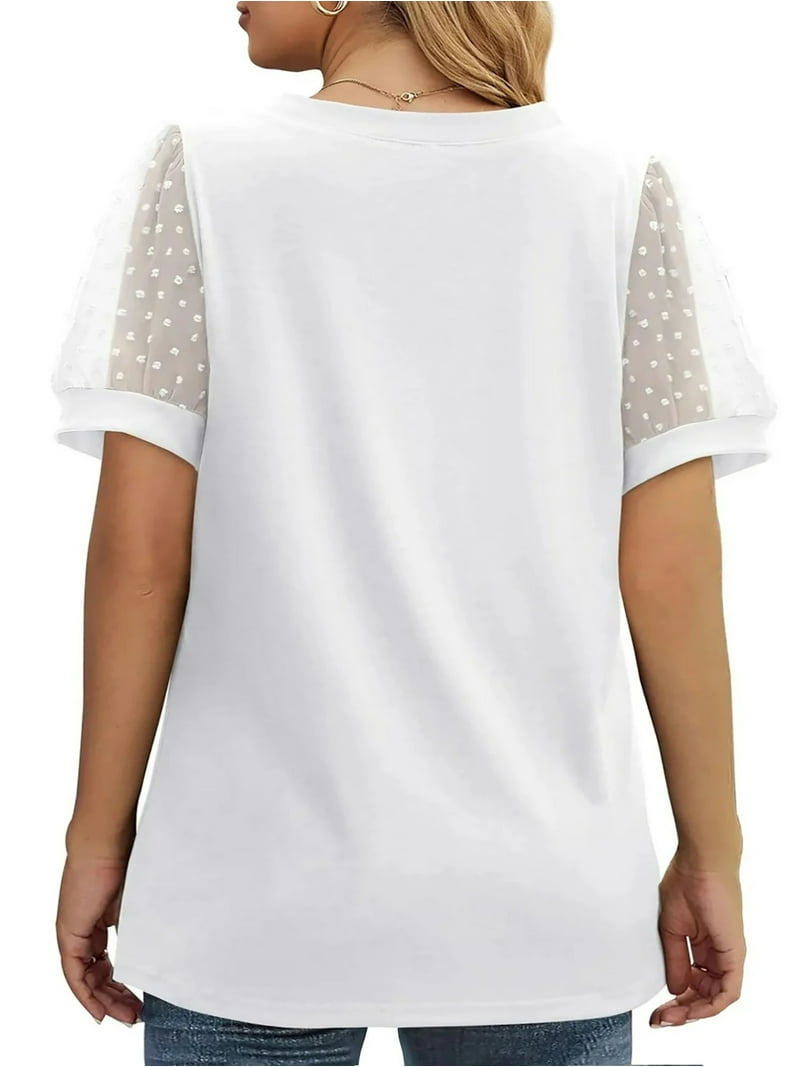 MOSHU Women's Swiss Dot Puff Sleeve V-Neck Blouse for Summer