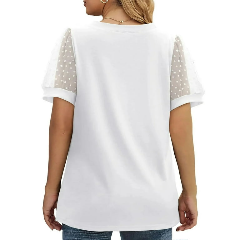 MOSHU Women's Swiss Dot Puff Sleeve V-Neck Blouse for Summer MOSHU Women's Swiss Dot Puff Sleeve V-Neck Blouse for Summer