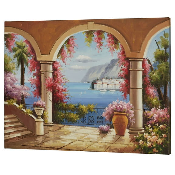 Paradise Awaits Grand Terrace Handpainted Oil on Canvas Wall Art Tan, Blue, Purple and Pink Hues 40"Wx30"H