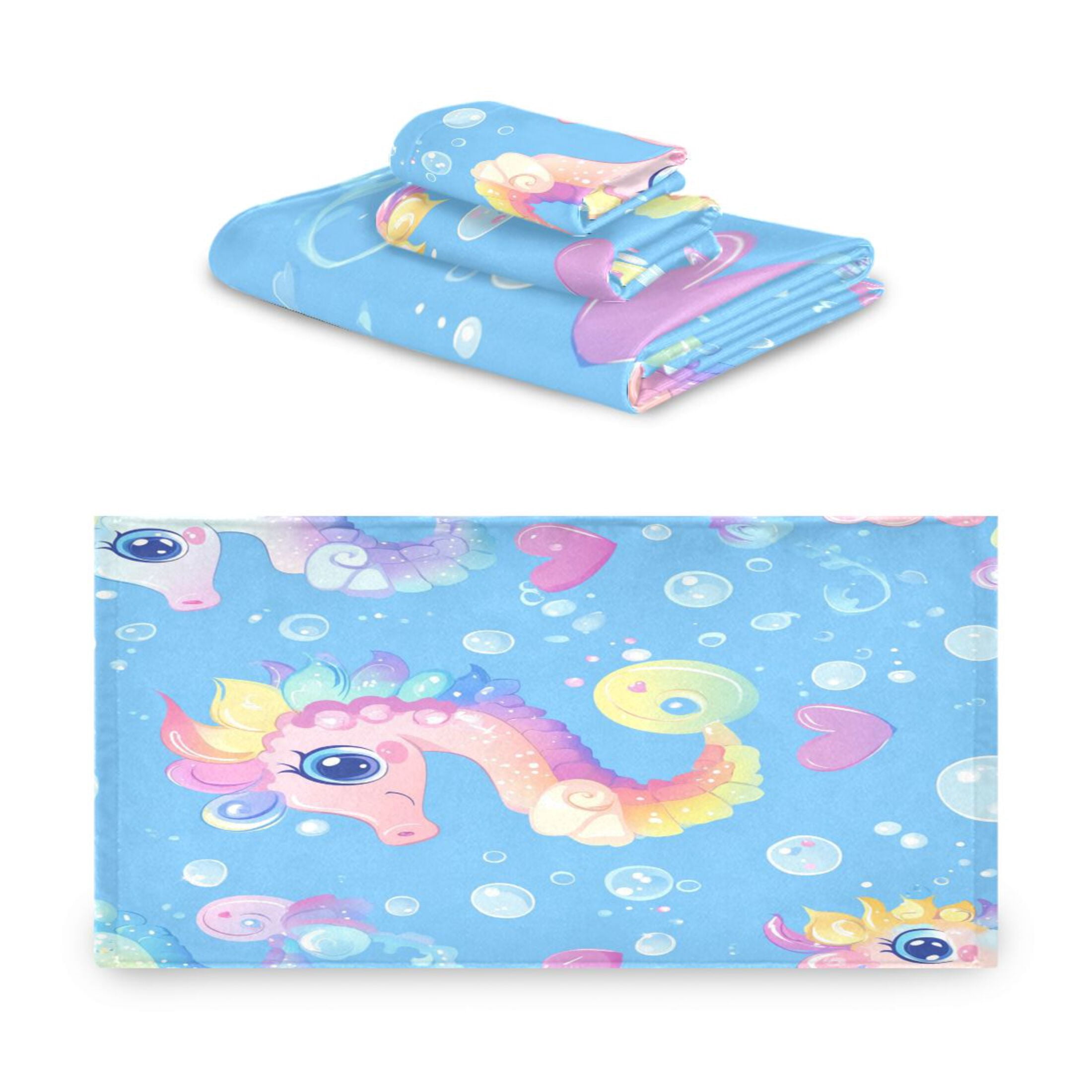 WOBOGO Pattern Featuring Cute Baby Seahorses Ultra Soft 3 Pack Cotton Towel Set for Everyday Use Lightweight and Compact