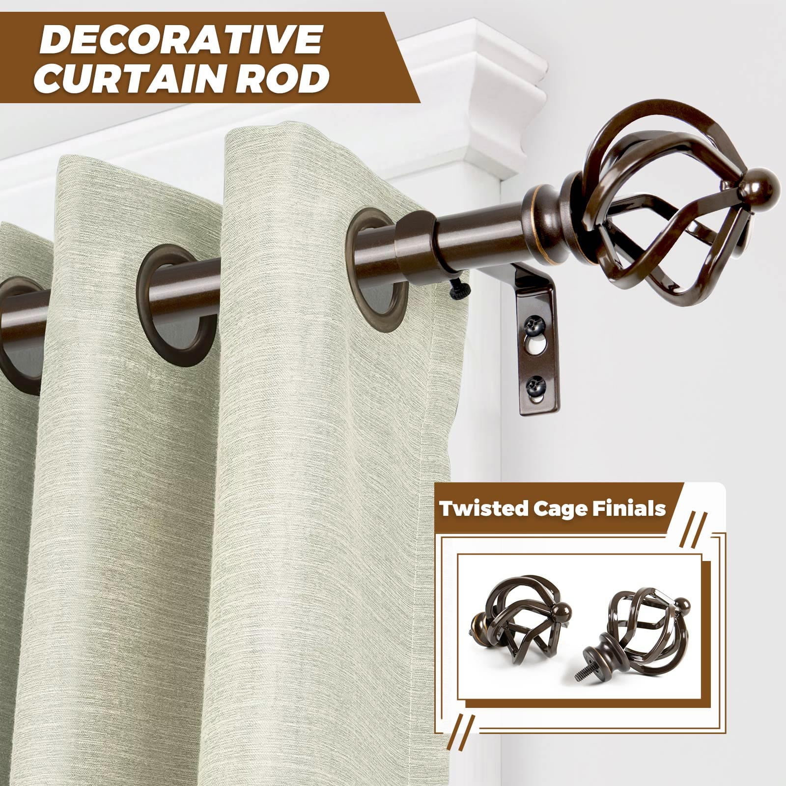 KAMANINA 3/4" Adjustable Single Curtain Rod with Twist Cage Finial, 48 - 84", Bronze