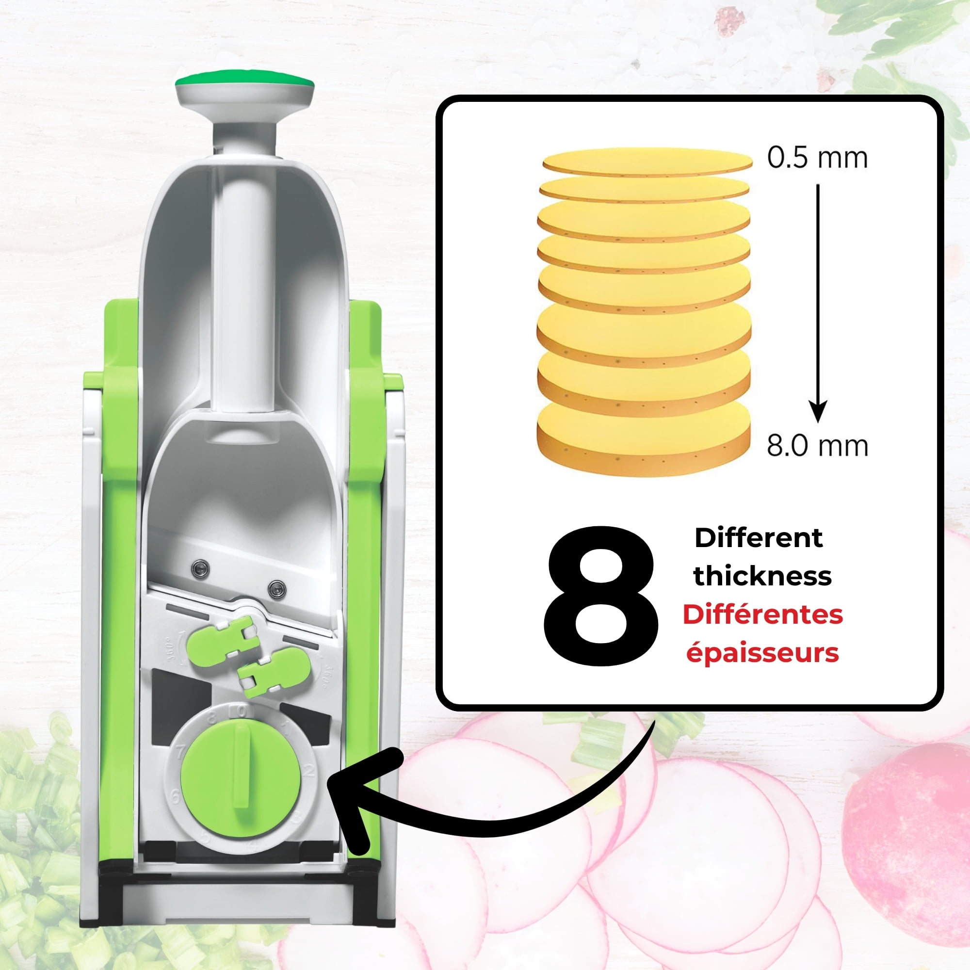 Starfrit Pump'N'Slice, Mandoline Verticale, Coupe-Aliments, Trancheuse Sécuritaire, Lames Enfermées, Pompage À Une Main, Épaisseur Ajustable, Se Plie Pour Rangement, Outil De Nettoyage Inclus Le trancheur Pump-N-Slice de Starfrit coupe rapidement fruits et légumes avec une pompe facile. Lames ajustables en acier inox de 0,5 à 8 mm. Lames sécurisées, design compact avec pieds pliables, et pièces lavables au lave-vaisselle pour une préparation rapide et un nettoyage facile.
