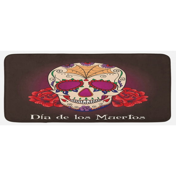 Day of the Dead Kitchen Mat, Dia de Los Muertos Words Spanish Skull Dead Head Skeleton Vivid Print, Plush Decorative Kitchen Mat with Non Slip Backing, 47" X 19", Plum Red Cream, by Ambesonne