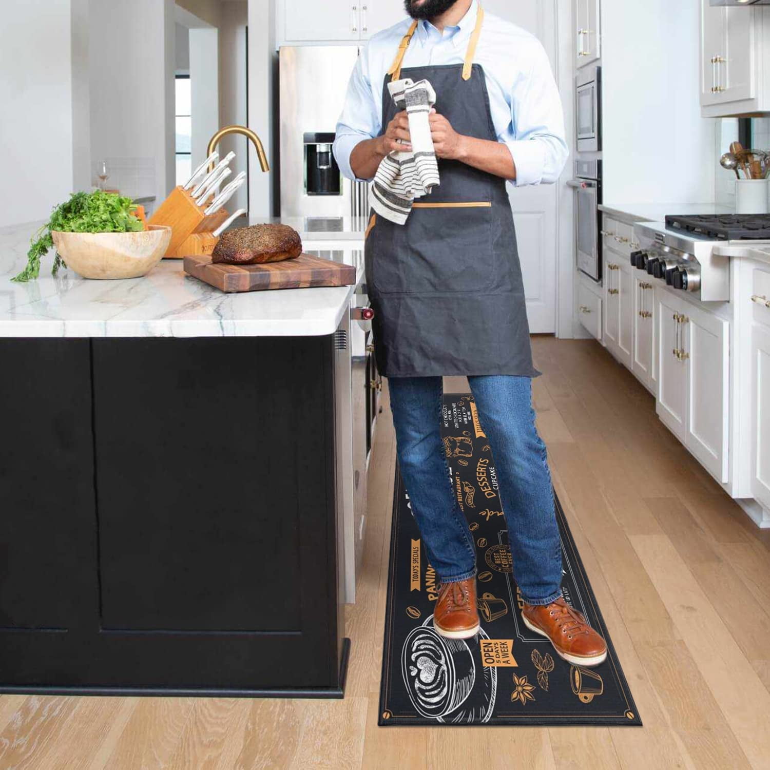 Black Coffee Theme Kitchen Rugs Set of 2,Cafe Kitchen Rugs and Mats Non Skid Washable,Black Kitchen Runner Rugs with Rubber Backing (Coffee House 17"x48"+17"x30")