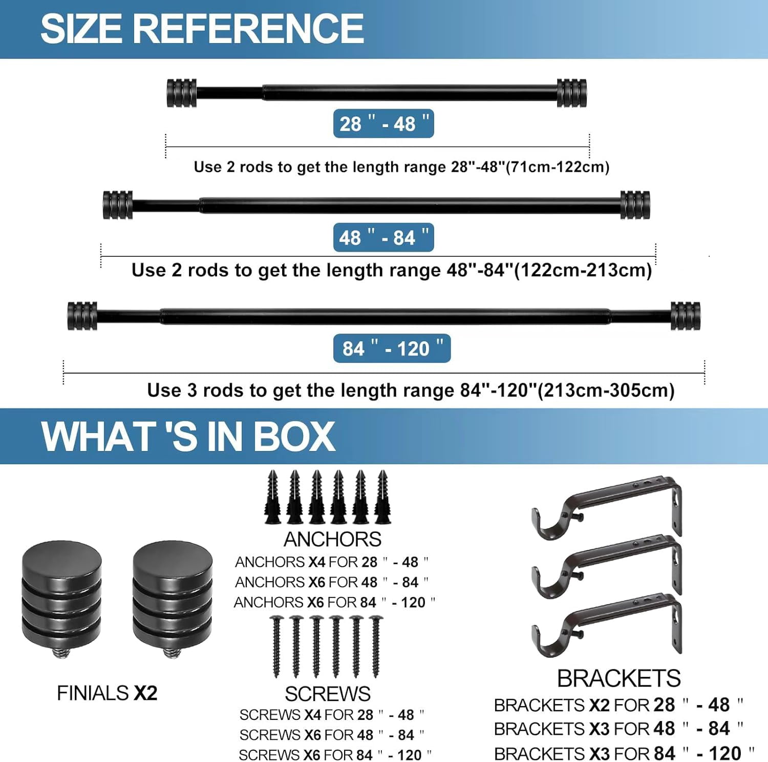 Urbanest Adjustable Single Curtain Rod Set Aspire Finials – 5/8-Inch Diameter, With Black Rod, 84–120 Inches