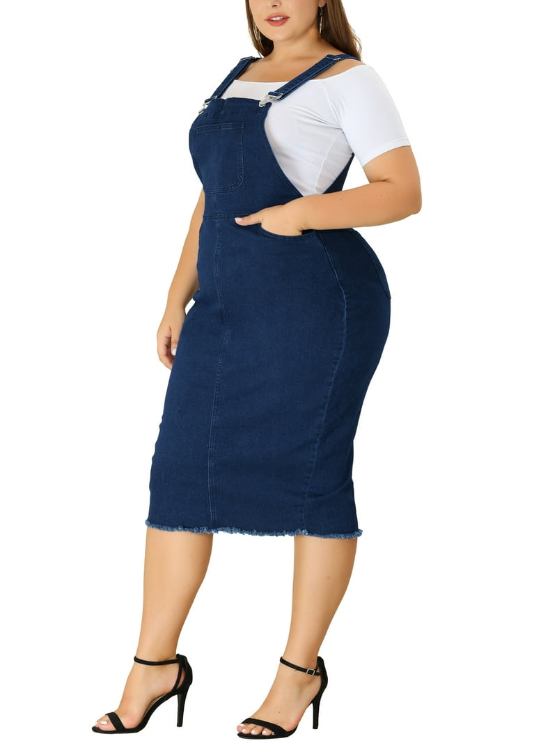 MODA NOVA Juniors Plus Size Adjustable Strap Back Slit Denim Overalls Dress 