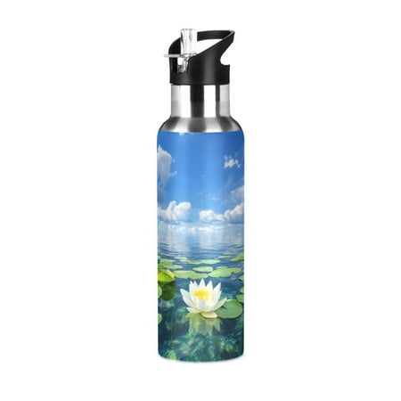 

ALAZA Lotus Leaves Sky Water Bottle Insulated Flask Stainless Steel Straw Lid 20 oz