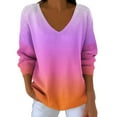 thumbnail image 3 of Feancey Plus Size Pullover Sweaters for Women Colorblock Trendy V Neck Knit Sweater Lightweight Casual Long Sleeve Knitted Jumper Tops Orange S, 3 of 7