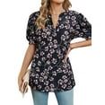 thumbnail image 3 of SLADYGLO Women Floral Print V Neck Puff Short Sleeve Pleated Mesh Cutout T-Shirt, 3 of 7