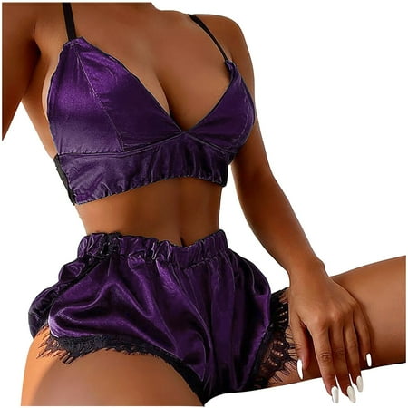 

nsendm Women s Lace Gathered Thin Wireless Bra Set Lingerie Underwear Pajamas Set Lace Garter Belt with Stockings Set Underwear Purple X-Large