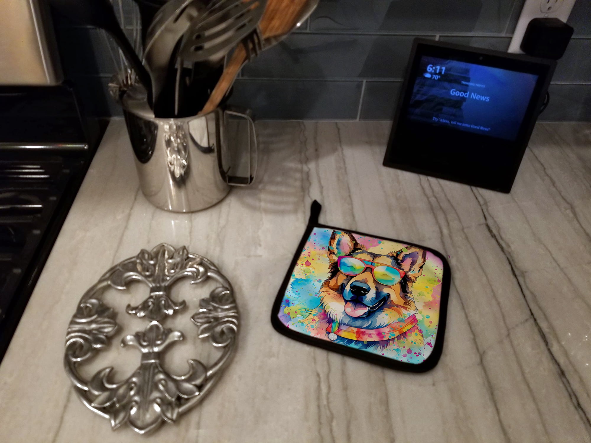German Shepherd Hippie Dawg Pair of Pot Holders 7.5 in x 7.5 in