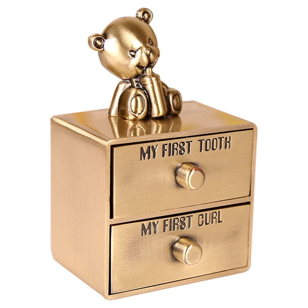 Caja de almacenamiento para dientes de bebé, soporte para dientes de aleación de Metal, recuerdo de oso lindo, primer rizo y caja para dientes con 2 cajones para bebés, niños o niñas