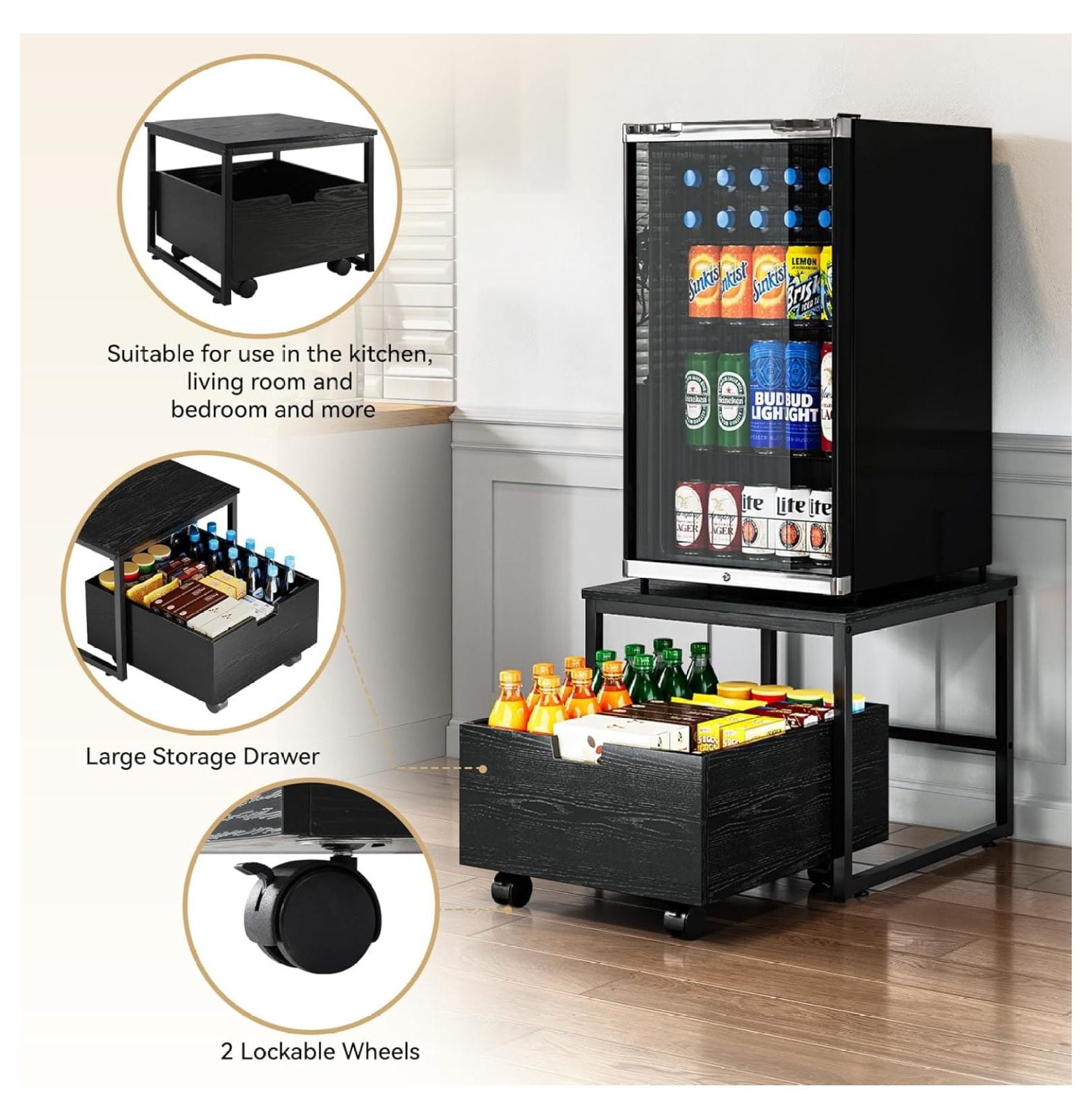 Mini Fridge Stand with Storage, Mini Fridge Stand Table Shelf with Lockable Mobile Wheel, Beverage Compact Refrigerator Stand Storage Cabinet Appliance Platform for Dorm, Apartment,Office