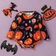 thumbnail image 2 of Mercatoo 𝐍ewBorn Baby Girls Halloween Clothes Long Sleeve Cartoon Pumpkin Print Patchwork Romper 2Pcs Baby Girl Outfits, 2 of 7