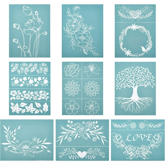 9PCS 11x8.6 Inch Self-Adhesive Silk Screen Printing Stencil Set Floral Theme Stencil Set Reusable Silk Screen Mesh Transfer for Painting on Wood Fabric T-Shirt Wall and Home Decorations Sky BlueDIY