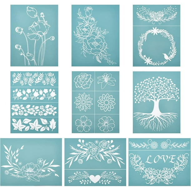 Juego de 9 plantillas autoadhesivas de 28 x 22 cm para serigrafía, con temática floral. Plantillas reutilizables para transferencia a malla de serigrafía.