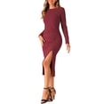 thumbnail image 4 of VESTIDO DE MUJER INSPIRE CHIC Cuello Redondo Manga Larga Fruncido Lateral Abertura Vestidos S Rojo Oscuro, 4 of 6