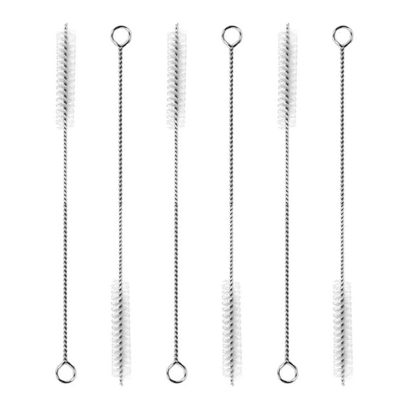 BOROLA Nylon Cleaning Brush Straw Cleaning Brush Set with Stainless Steel Handle Bendable brush for cleaning pipes, coffee pots and other hard to clean crevices. （200*50*10mm,6pcs White ）
