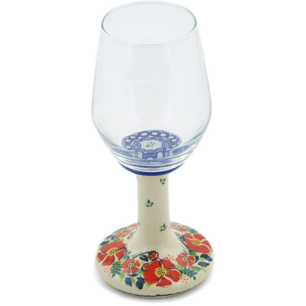 Polish Pottery Wine Glass 10 oz Polmedia Classic Wreath Theme UNIKAT