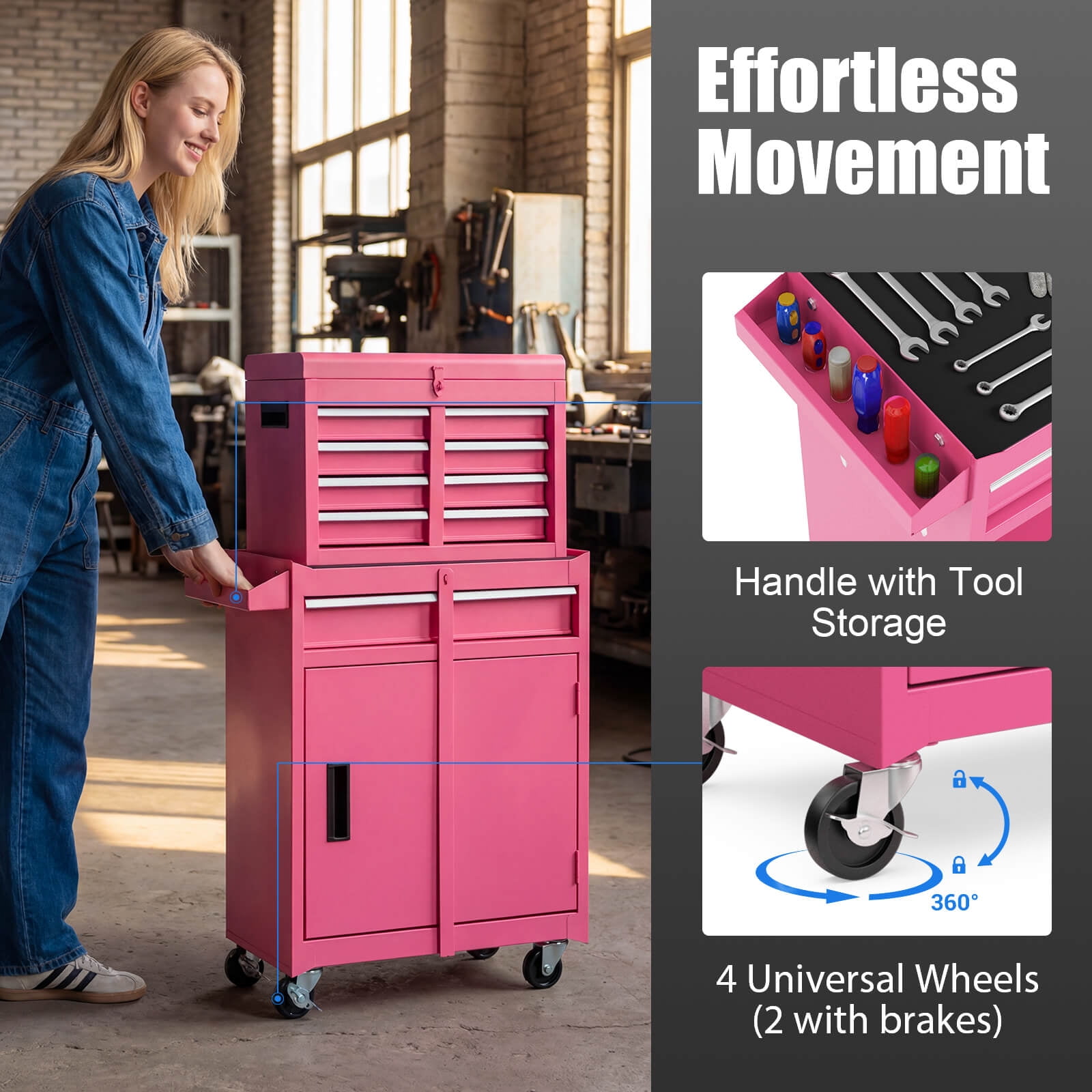 Costway 2 in 1 Tool Chest & Cabinet with Sliding Drawers Rolling Garage Organizer, Pink