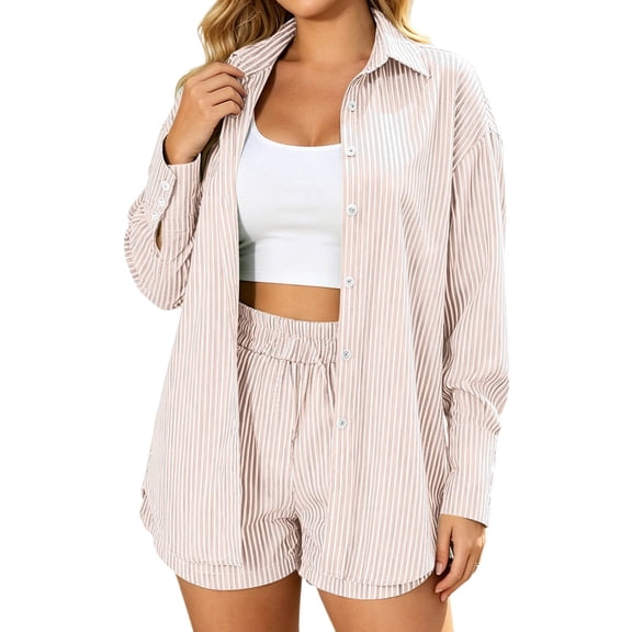 DHFJKG Womens 2 Piece Oversized Outfits Summer Striped Long Sleeve Button Up Shirts And Shorts Summer Matching Sets Trendy Outfit