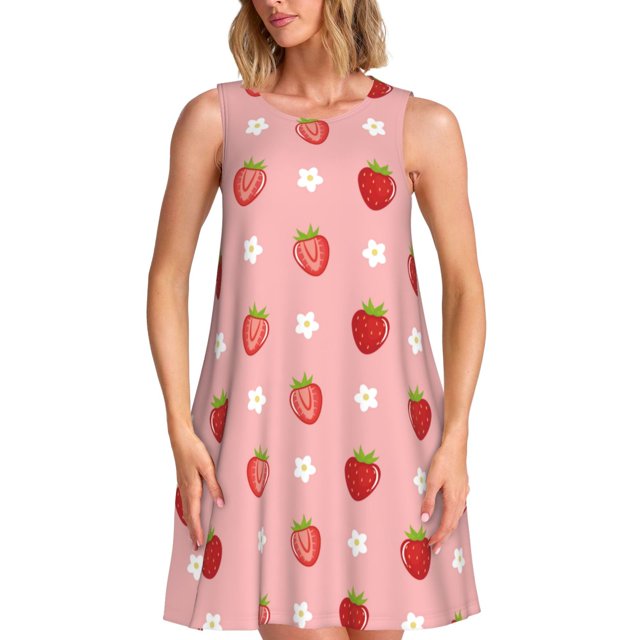 Fotbe Strawberries Vestido de Verano sin Mangas para Mujer – Vestido Midi Línea A, Estilo Camiseta Floral, Vestido Playero Casual y Fluido