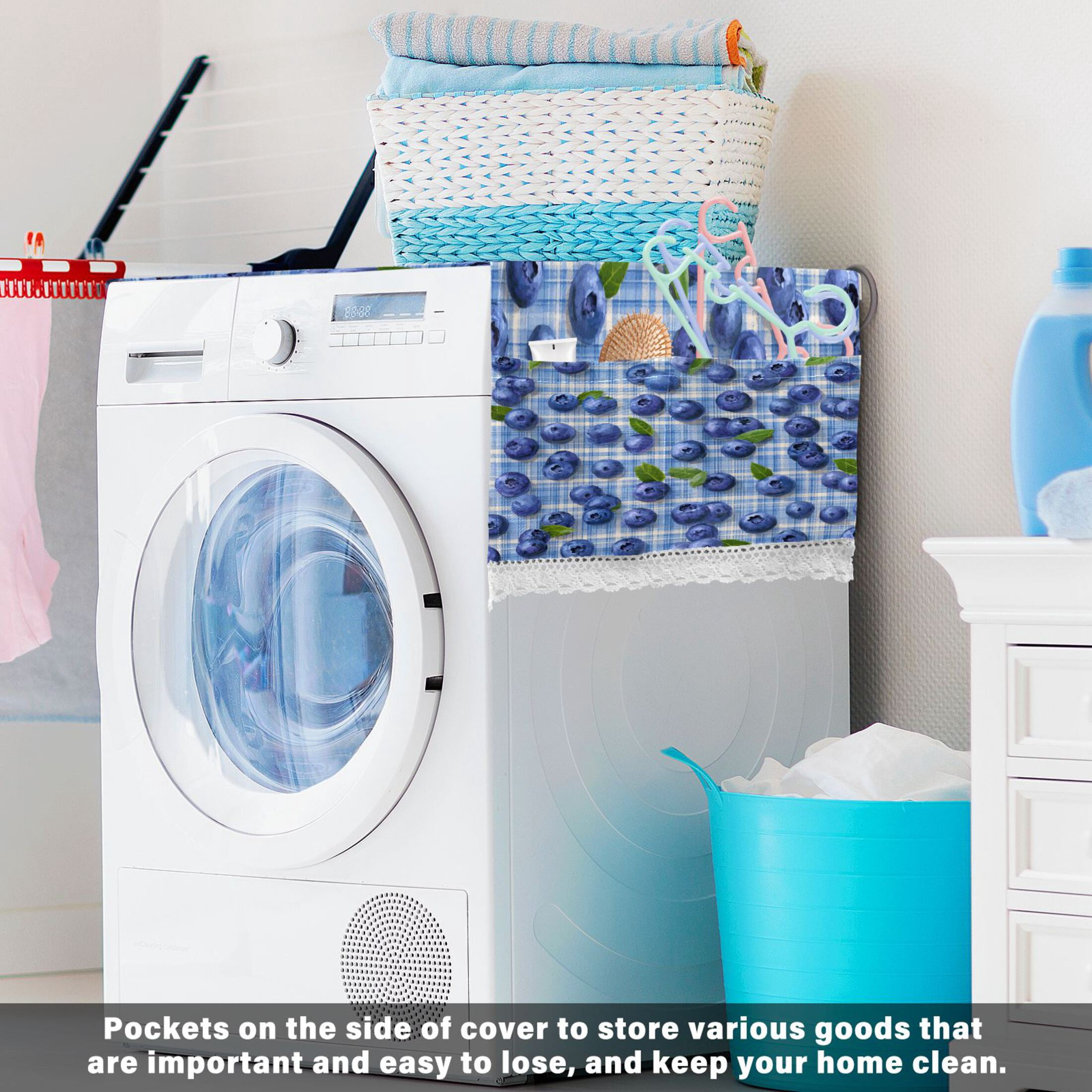 Wobogo Blueberry Gingham Washing Machine Cover Dustproof Washer Dryer Cover Waterproof Laundry Room Decorative Protector