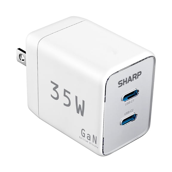 Sharp USB C Charger - 35W, Dual Port (2 USB-C) Compact Foldable GaN Fast Charge for iPhone 15/15 Pro/15 Pro Max/14/13/12, Pad Pro/AirPods and More, White, GW-35PD350U-WHT